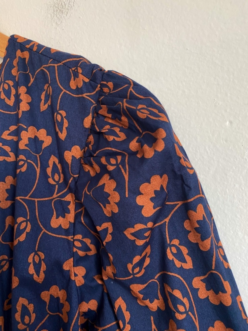 Boden Navy Brown Long Puff Sleeves Tiered Dress Smocked Floral Leaves Cotton 12R - Picture 10 of 12